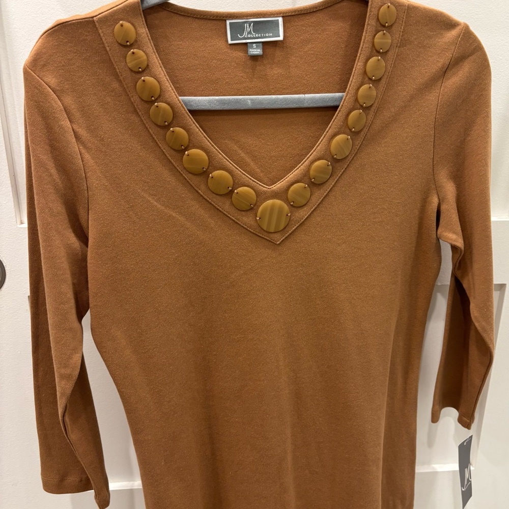 JM Collection Brown V-Neck with Button Accents